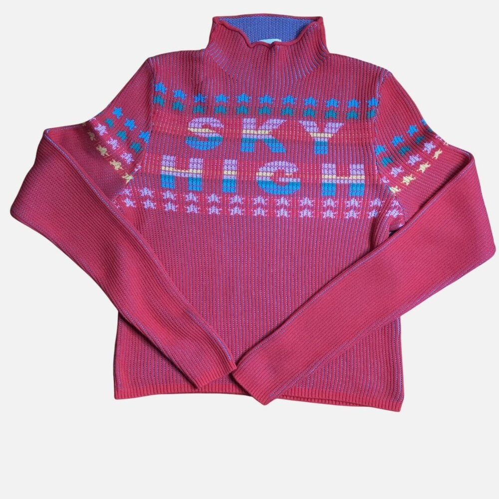 BDG SKY HIGH Graphic Mock Neck Sweater L Retro Rainbow Knit Snow Bunny Ski Y2K